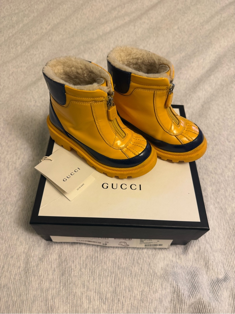 Gucci Yellow/Navy Leather Faux Fur-Lined Boots Size Euro 26, US Toddler 9-10